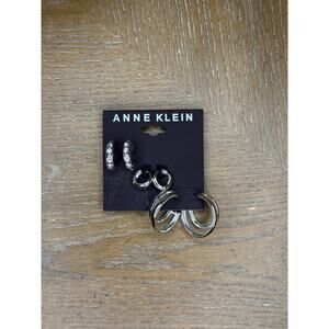 Anne Klein 3 Pair Hoop Earrings Set Silver Tone CZ & Polished Hoops